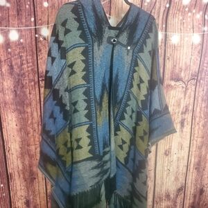 Blue and Green Patterned Poncho